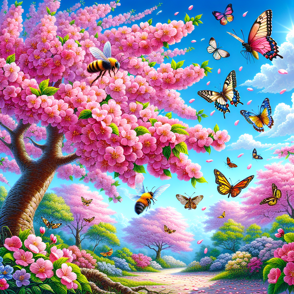 Visualize an alluring garden scene featuring cherry trees in full bloom. The pink petals of the cherry blossoms pop against a bright blue sky, while various pollinators flock towards them. Notice bees buzzing in the air, butterflies demonstrating their elegant flight patterns, and hummingbirds swooping down decorated with vivid shades. Add small artistic details to the image by including some fallen cherry blossoms on the ground beneath the trees, a soft wind playing with the petals, and sunlight casting dappled shadows. No text or human figures should be included in this tranquil natural picture.
