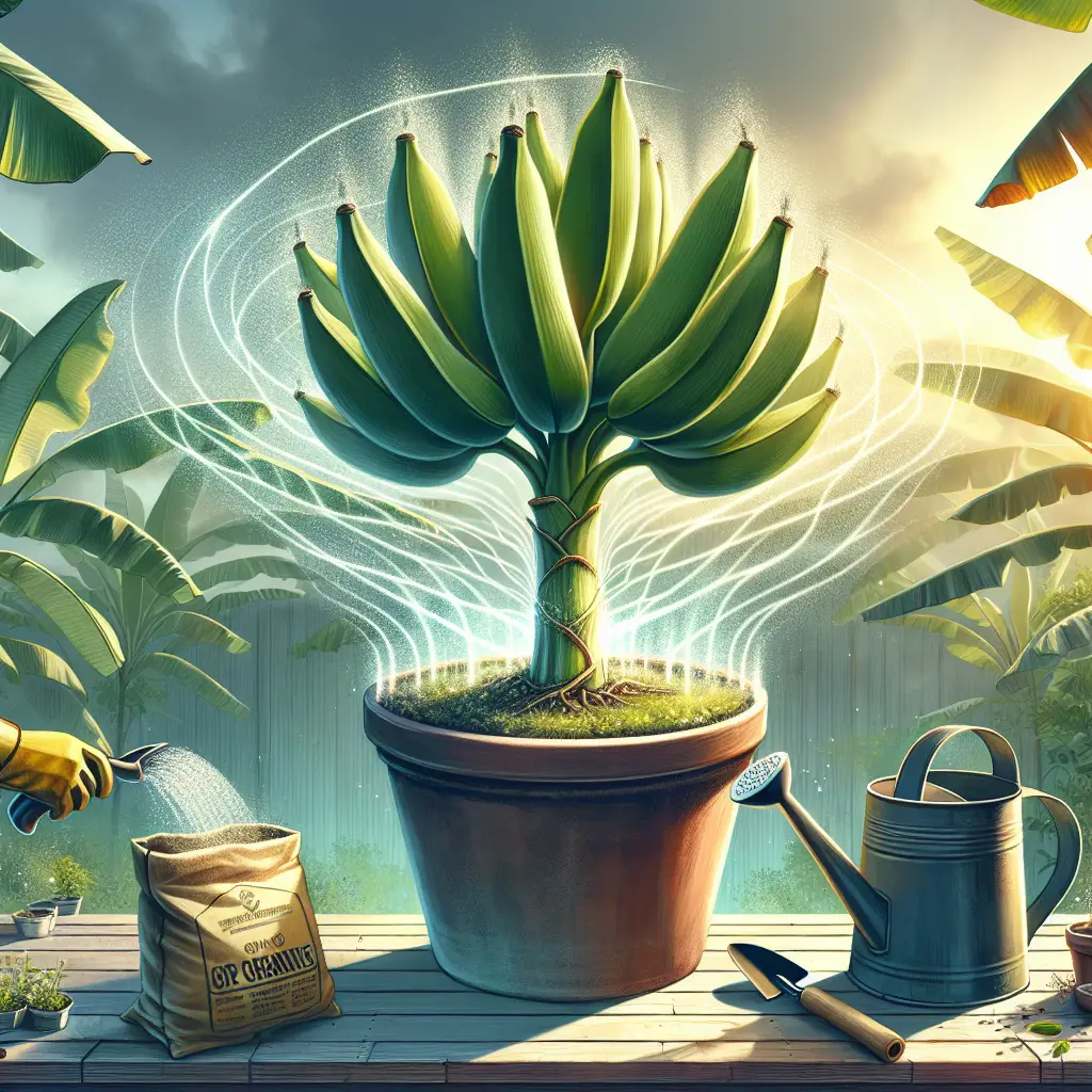 Visualize a comprehensive scene showcasing the process of caring for container-grown banana plants. The image should display a healthy banana plant growing inside a ceramic pot, demonstrating the right size of the pot, and balanced sunlight exposure reaching the plant in an outdoor setting. Enhanced by a watering can nearby all set to water the plant and a pair of gardening gloves lain over the edge of the pot, hinting at the action of nurturing. On the background, an open organic fertilizer bag sits on a wooden bench, indicating how to keep the plant nourished. Remember, no people, brand names, logos or text should be included in the image.
