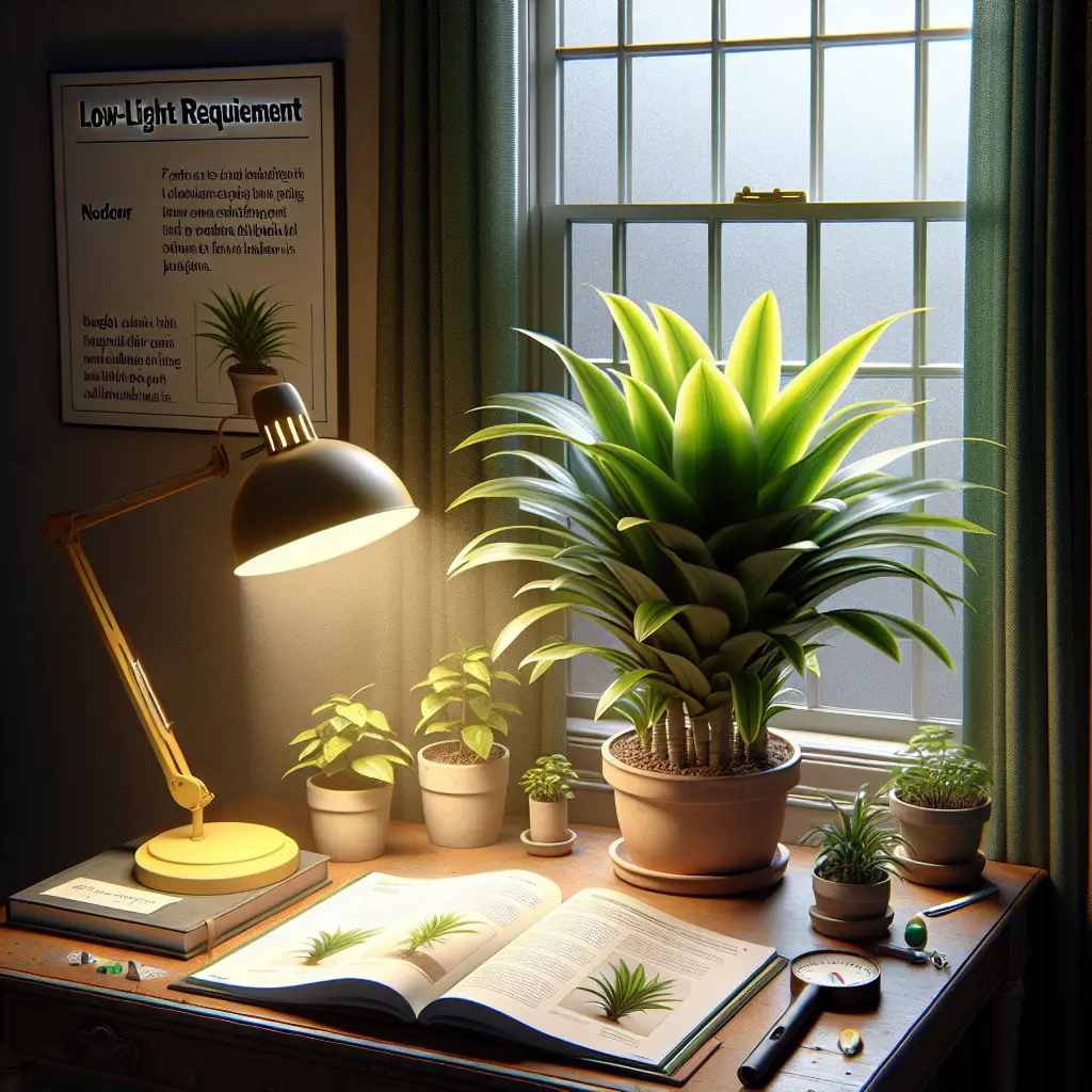 An indoor setting reveals a lush, healthy Dracaena plant positioned near a north-facing window. The leaves are vibrant green and the plant shows clear signs of thriving. Additionally, a gentle yellow desk lamp is slightly illuminating the plant, signifying the low-light requirement. Nearby, there's a book on indoor gardening open on a page discussing Dracaenas, but no text is discernible. On a small table beside the plant, there's a watering can and a tool for measuring light intensity, suggesting the plant's maintenance considerations for low-light settings.