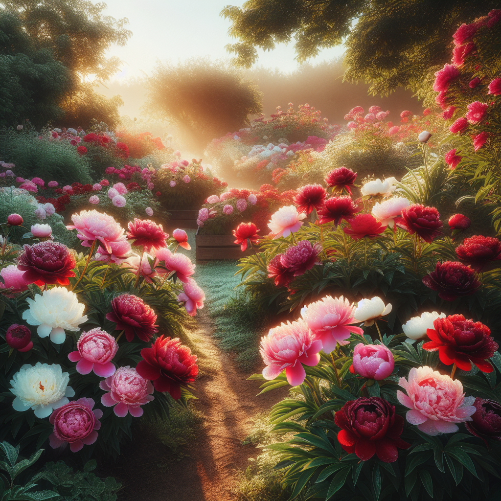 An idyllic and serene image of a garden bustling with vibrant peonies. The flowers, in various stages of bloom, come in a variety of rich shades of pink, red, white, and mixed colors. The garden is well maintained, with the peonies arranged in neat rows. Morning dew is visible on the flowers and the vegetation around them. The environment is beautiful and sunny, capturing the perfect atmosphere for growing these lush blooms. There are no human figures or brand logos present in this image.