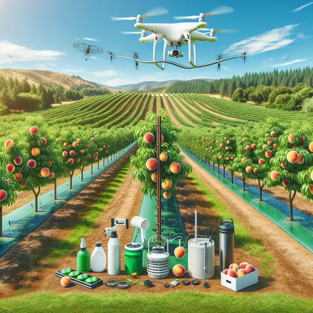An extensive peach orchard displaying lush, healthy trees full of ripe, juicy peaches. Nestled among the trees are various tools and equipment designed for pest eradication, such as pest traps, eco-friendly sprays, and a hovering drone that helps inspect the condition of the orchard. It's a bright sunny day and the beautiful landscape showcases a serene and peaceful atmosphere. Not a single person is visible, only the well-maintained peach trees and pest control apparatus. There are no logos, brand names, or text visible anywhere in the image.