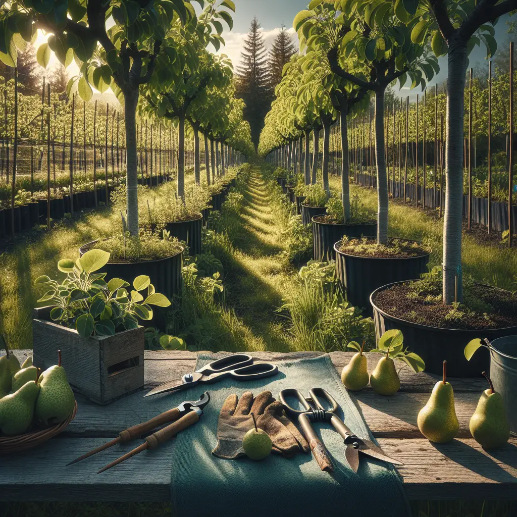 An impressive garden scene focused on young pear trees set in a dedicated agriculture area. The trees are evenly spaced, pruned, and staked for growth optimization. Leaves are flourishing, and tiny buds of future pears can be spotted on the branches. Gardening tools such as secateurs, gloves, and garden stakes, devoid of people, are organized nearby on a rustic wooden table. The afternoon sun casts elongated shadows, illuminating the droplets of water left from a recent watering. The overall scene exhibits tranquillity and commitment to horticulture without the explicit display of human presence.