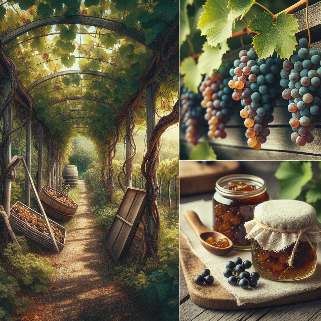 Imagine a picture of a backyard vineyard with lush grapevines crawling on the wooden archways. There are beautifully ripened clusters of grapes hanging, ready for harvest. Somehow, the image captures the moment when a soft breeze rustles through the leaves. Nearby, there's a rustic wooden basket filled with freshly picked grapes. A few meters away, a traditional string of grapes are air-drying in the sun, the process of raisin-making underway. Further back, we see simple, glass jars filled with homemade grape jam, covered with a cloth and twine.