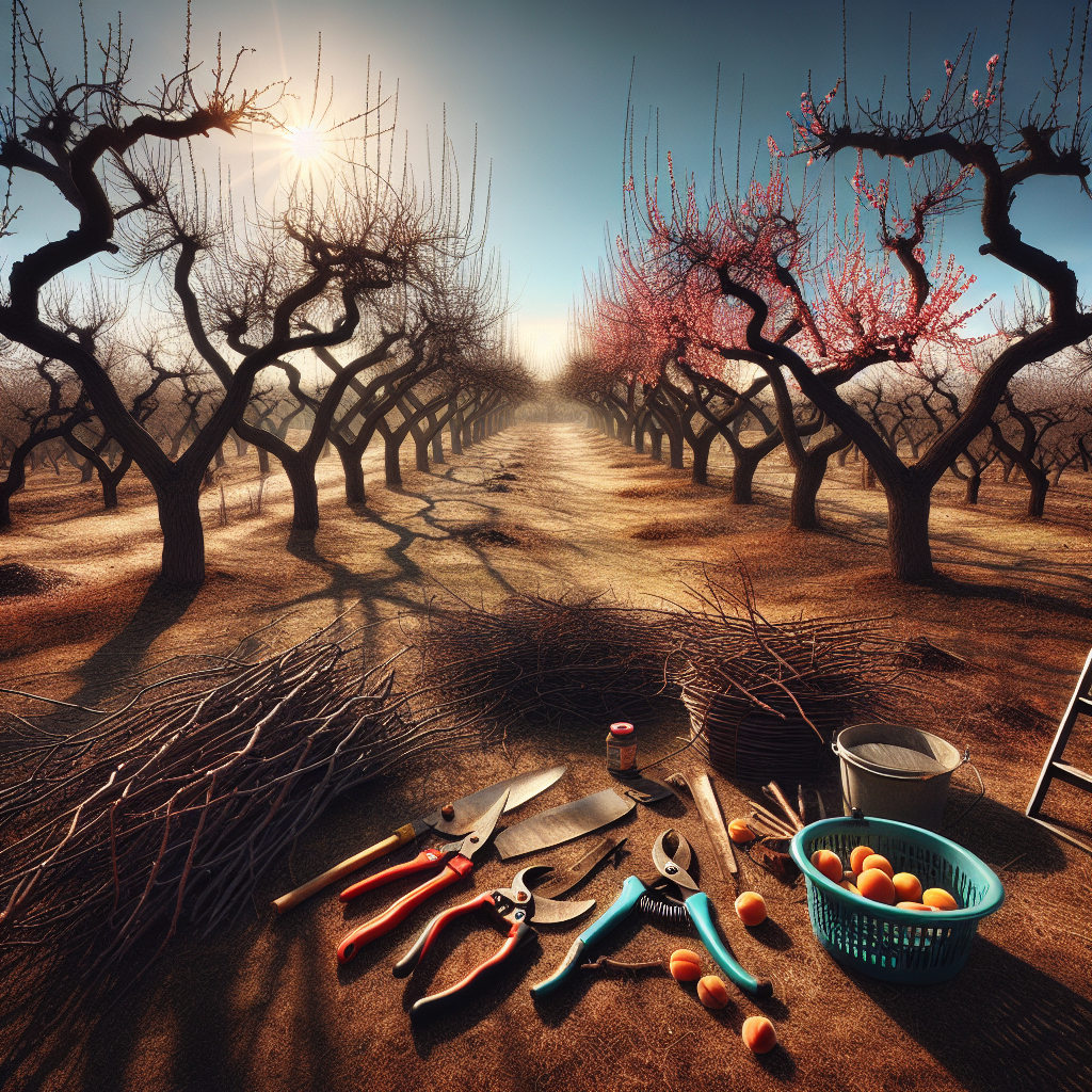 A serene rural landscape featuring a grove of neglected and withered apricot trees under a clear blue sky. Sunlight casts long shadows, emphasizing the stark charm of the barren branches. However, a sign of hope is evident as you see a few vibrant apricot blossoms starting to bloom amidst the naked branches. In the foreground, a variety of gardening tools such as pruning shears, lopping shears, and pruning saw lies on the ground, indicating a recent or imminent effort to revive the trees. Several piles of pruned branches are stacked nearby, and a bucket of watered fertilizer stands ready. Finally, a ladder leans against one of the largest trees, symbolizing the guided effort towards rejuvenation.