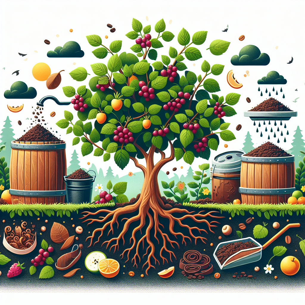 Illustration of a lush, healthy berry bush thriving in a garden with hands-free organic fertilization methods. The image shows compost bins filled with organic materials such as fruit peels, dried leaves and coffee grounds near the bush. Also depicted are rain barrels that collect water for irrigation. Brown, decomposed materials are also shown being mixed into the rich, dark soil around the roots of the bush. There are fresh, ripe berries on the bush, ready for harvest. All around the setting, there's a sense of vibrance and abundance, showcasing the benefits of organic fertilization. However, there are no people, text, or brand logos included in this image.