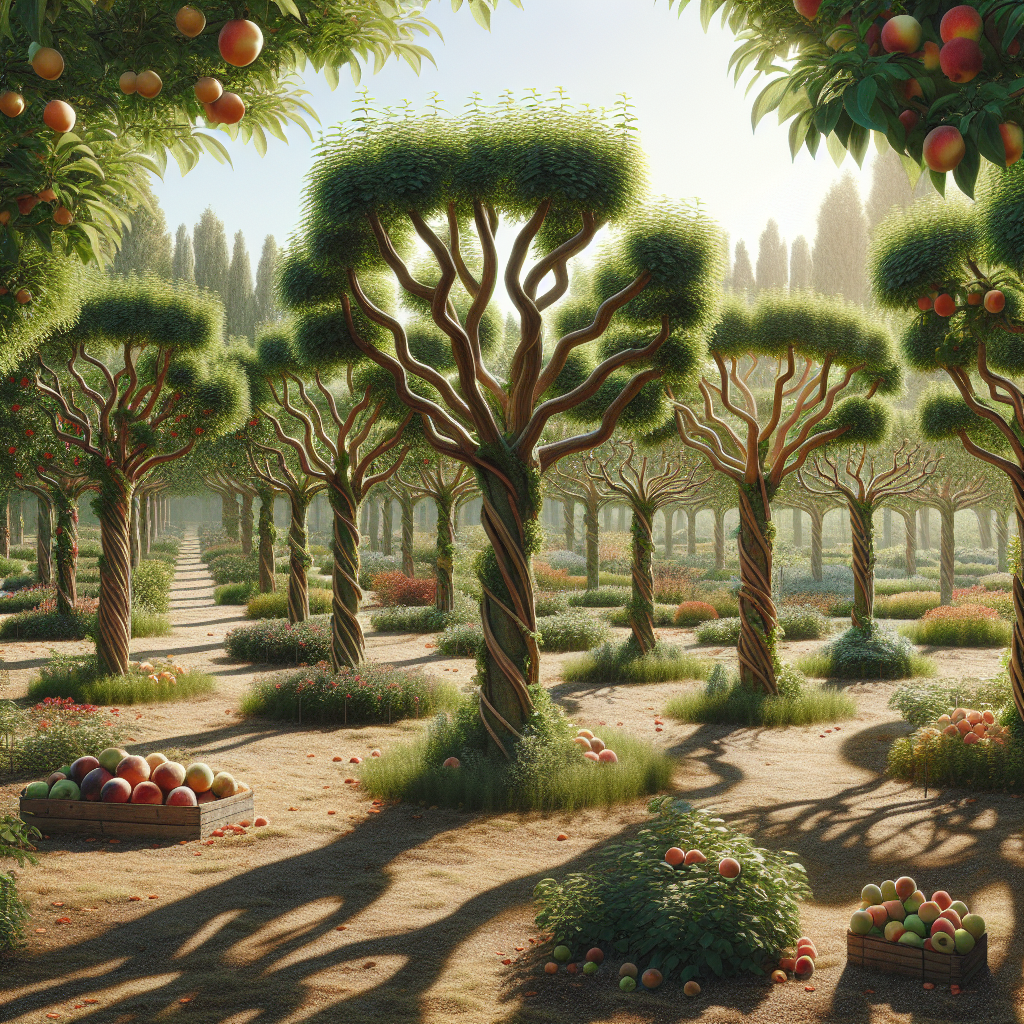 A serene orchard scene displaying a variety of healthy and bountiful fruit trees, such as apple, peach, and pear, in different stages of pruning. All trees have clear signs of the thinning techniques applied on them, exemplified by sections of branches carefully cut back, and overall balanced growth. The ground beneath the trees is covered in a blanket of fallen leaves and ripe fruits. Sunshine pours over the orchard, casting long shadows from the perfectly pruned trees. There are no traces of text, people or brand names within the scene.