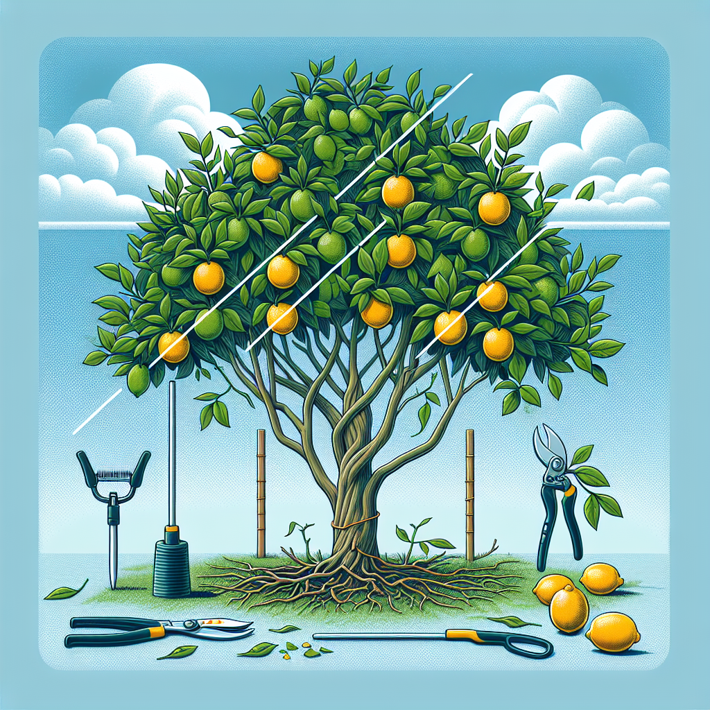 A detailed, educational image showcasing the correct process of pruning a citrus tree for optimal health. The image displays a lush, green citrus tree set against a blue sky background, laden with vibrant lemons or oranges depending on the artist's choice. The tree is semi-transparent with a dashed line indicating the proper way to prune branches. Various tools for the task like a pair of bypass pruners and lopping shears are neatly arranged at the foot of the tree. The ground beneath is adorned with discarded branches to imply the process of pruning. No human figures, text, brands or logos are included.