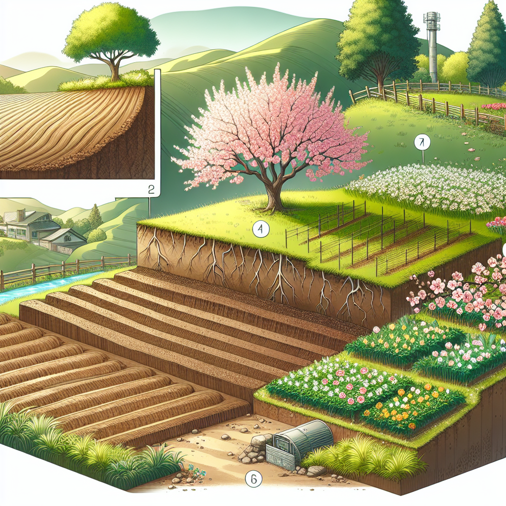 A rural landscape during daytime showcasing various types of soils and terrains ideal for planting plum trees. The left portion of the image should show a sunny hillside with well-drained, loamy soil, a characteristic spot for growing plum trees. In the center, a flat terrain with a blooming plum tree, representative of the mature tree's height and spread. On the right, a slightly shaded area, demonstrating that plum trees can tolerate partial shade. Include surrounding rural features like a wooden fence, a stone pathway, and a simple water irrigation system. Do not include people, text or any brand-related items.