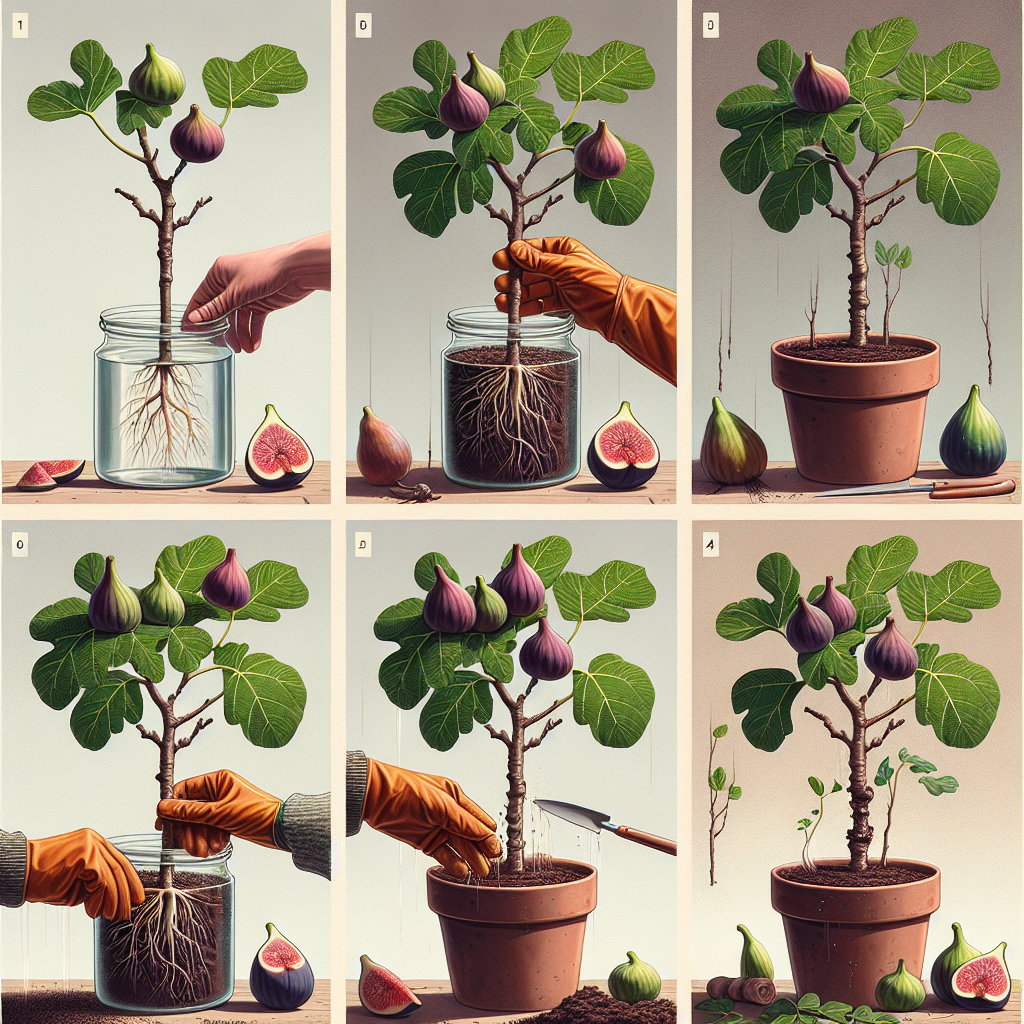 Image of several steps showing the propagation progress of fig trees. The first part depicts a healthy fig tree with ripe fruits. In the next section, we see a gardener's gloved hand holding a fig branch, freshly cut, ready for propagation. Another segment show the cutting soaking in a jar of water by a sunny windowsill, roots starting to appear. The last segment features the rooted cutting being transferred into a pot filled with rich soil. The final picture shows a small, yet thriving fig tree in a terra cotta pot. There should be no people, text or brand names visible in the image.