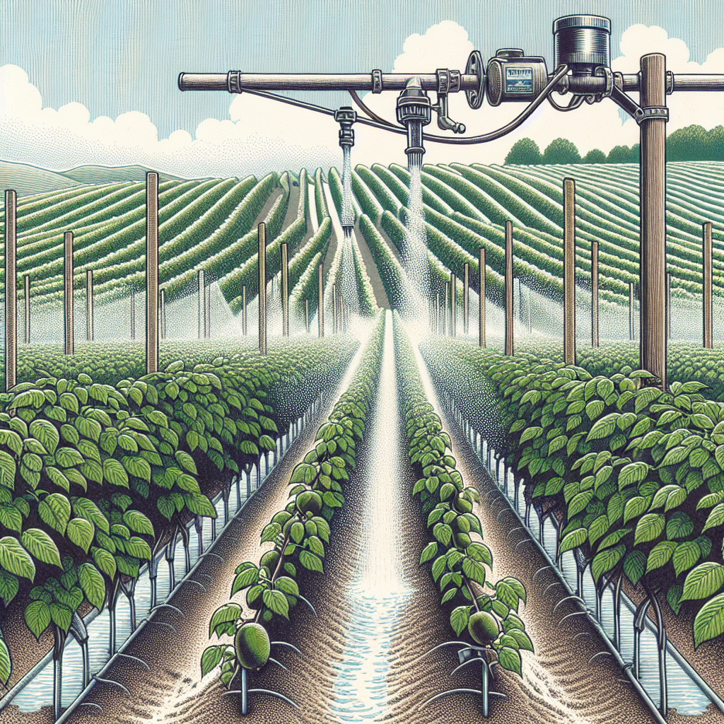 A detailed illustration of a well-irrigated kiwi vineyard. Picture a vast landscape of kiwi vines, neatly arranged in tight rows. The intermittent sprinkler system provides an optimal water distribution. The water droplets glisten under the sunlight. Overhead, a pump ensures the uninterrupted supply of water. A well-structured trellis system for the vines' aid and the soil underneath is rich and porous, ideal for the growth of kiwi plants. No text, brand names, logos, or people are present in the image.