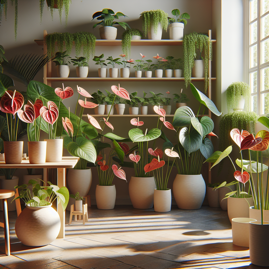 A visually pleasing scene of an indoor environment with Anthurium Andreanum plants cultivating. The greenery of these tropical plants, popular for their unique heart-shaped bright red spathes and foliage, is vivid. The setting includes various sizes of white clay pots placed elegantly on wooden shelves and tables, with ample sunlight beaming in from a window. The atmosphere is serene and has warmth; a perfect depiction of home plant nurturing without the presence of humans. There are no visible text, brand names or logos.