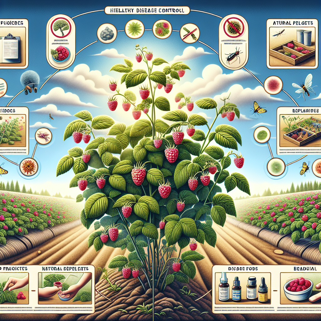 A detailed illustration showcasing various aspects of disease control in raspberry cultivation. The scene includes a flourishing raspberry bush, free of disease, in the center. To the left, there is a close-up view of a healthy raspberry crop clearly showcasing the telltale signs of disease-free plants. On the right, various tools and treatments used in controlling diseases are depicted including organic fungicides, natural repellents, and beneficial insects. The background showcases a beautiful clear sky signifying the bright possibilities disease control can offer in raspberry cultivation. Ensure that no people, text, or brand logos are present within the scene.