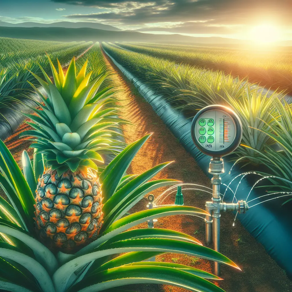 Create a detailed and vibrant agricultural setting with varied shades of green showcasing a healthy pineapple plantation. Focus on one particular plant in the foreground with a large, ripe pineapple. Adjacent to the pineapple plant, include a humidity meter showing an optimal humidity level. Also show an irrigation system efficiently providing water droplets, reinforcing the notion of maintained humidity. The background should comprise rows of pineapple plants under a bright but slightly cloudy sky. Exclude any brand names, logos, text, and people in the image.