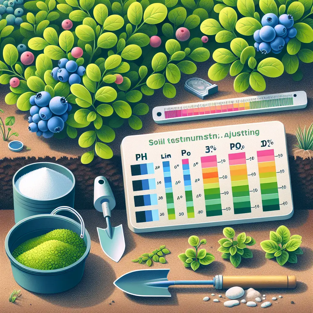 An informative image showcasing the process of adjusting pH for blueberry bushes. Display a set of gardening tools on the ground, such as a trowel and a soil testing kit, next to a thriving blueberry bush. A small pile of lime and sulfur which are commonly used for soil pH modifications, can be found nearby. Indicate a pH scale with varying levels without any specific numerical values or text on it. There should be no people, no brand names or logos present in this serene, healthy garden scene.