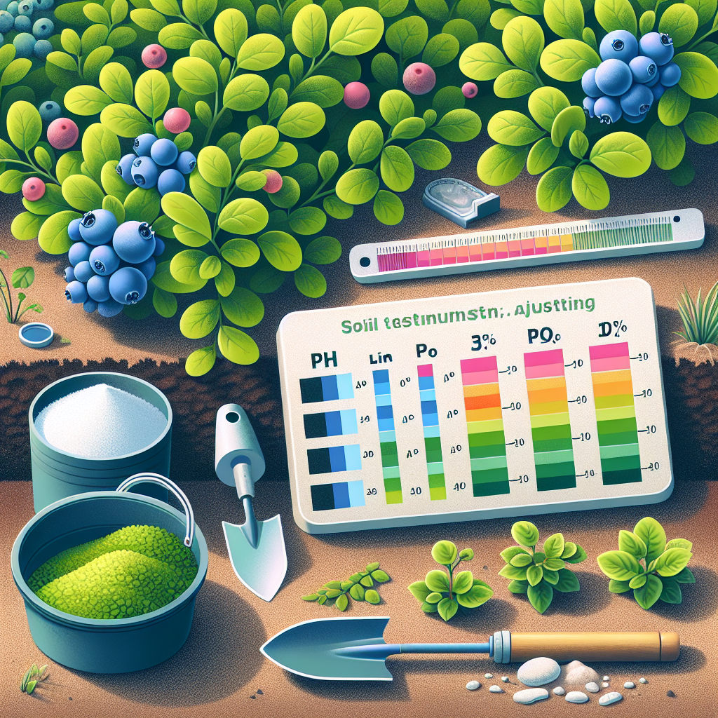 An informative image showcasing the process of adjusting pH for blueberry bushes. Display a set of gardening tools on the ground, such as a trowel and a soil testing kit, next to a thriving blueberry bush. A small pile of lime and sulfur which are commonly used for soil pH modifications, can be found nearby. Indicate a pH scale with varying levels without any specific numerical values or text on it. There should be no people, no brand names or logos present in this serene, healthy garden scene.