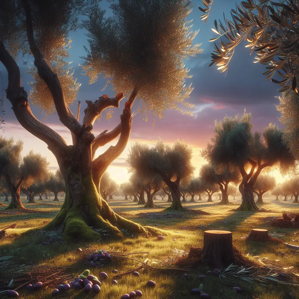A serene and peaceful olive grove enjoying the warmth of a setting sun. Tree branches laden with olives, with some trees showing evidence of seasonal pruning. Detailed attention to the pruned limbs, showcasing cleanly cut branches with growing saplings around. Sunlight filters through the leaves, casting soft shadows on the grassy orchard floor below. Ground scatterings of fallen olives and leaves, indicating the cleanup process post-pruning. No people present in the scene. Incorporate the sky transitioning to dusk, filled with hues of purple and orange. No brand names, logos, or text anywhere in the image.