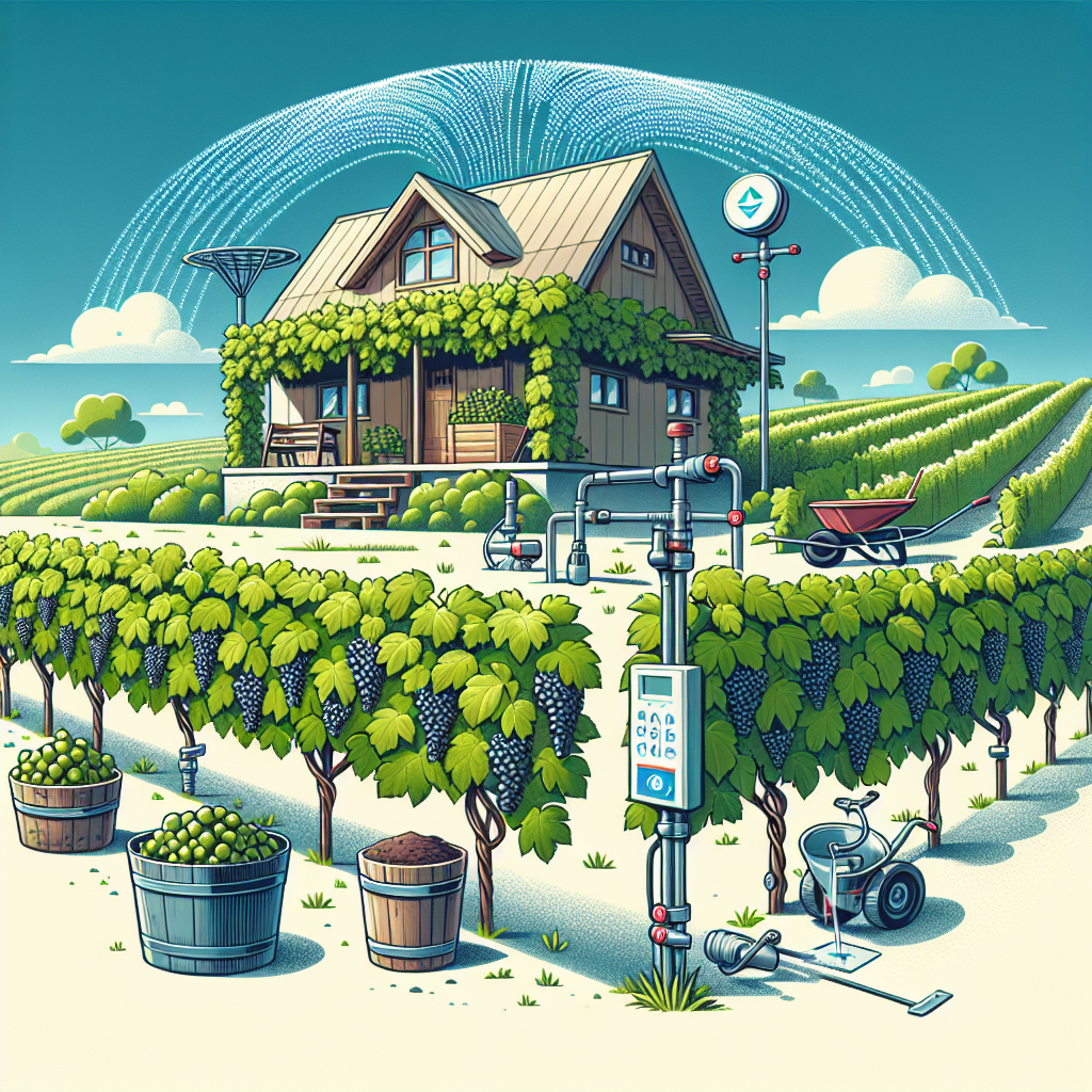 An illustration of a well-kept home vineyard under bright blue skies. Rows of lush green grapevines with mature grape clusters are neatly lined up and extending down a gentle slope. An automated drip irrigation system ensures the grapevines are nourished. On one side, a small rustic wooden shed filled with tools signals the work put into managing the vineyard. A wheelbarrow filled with organic compost is near the vineyard. All of these elements suggest an optimized and efficient process of boosting production without the presence of any person, text, brand names, or logos.