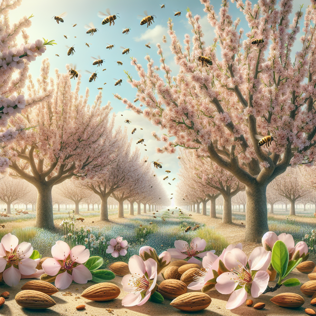 An in-depth depiction of an almond orchard under the bright sunlight, with numerous almond trees blooming with pale pink flowers. A high number of buzzing bees are present, busily collecting nectar from the flowers and thereby performing the process of pollination. The background is made up of soft, blue skies with a few white clouds. There are no people, text or brand names in sight, maintaining focus on the naturalistic scene. The foreground of the image displays a couple of whole almonds and almond flowers fallen on the ground, hinting at the cycle of pollination and fruit production