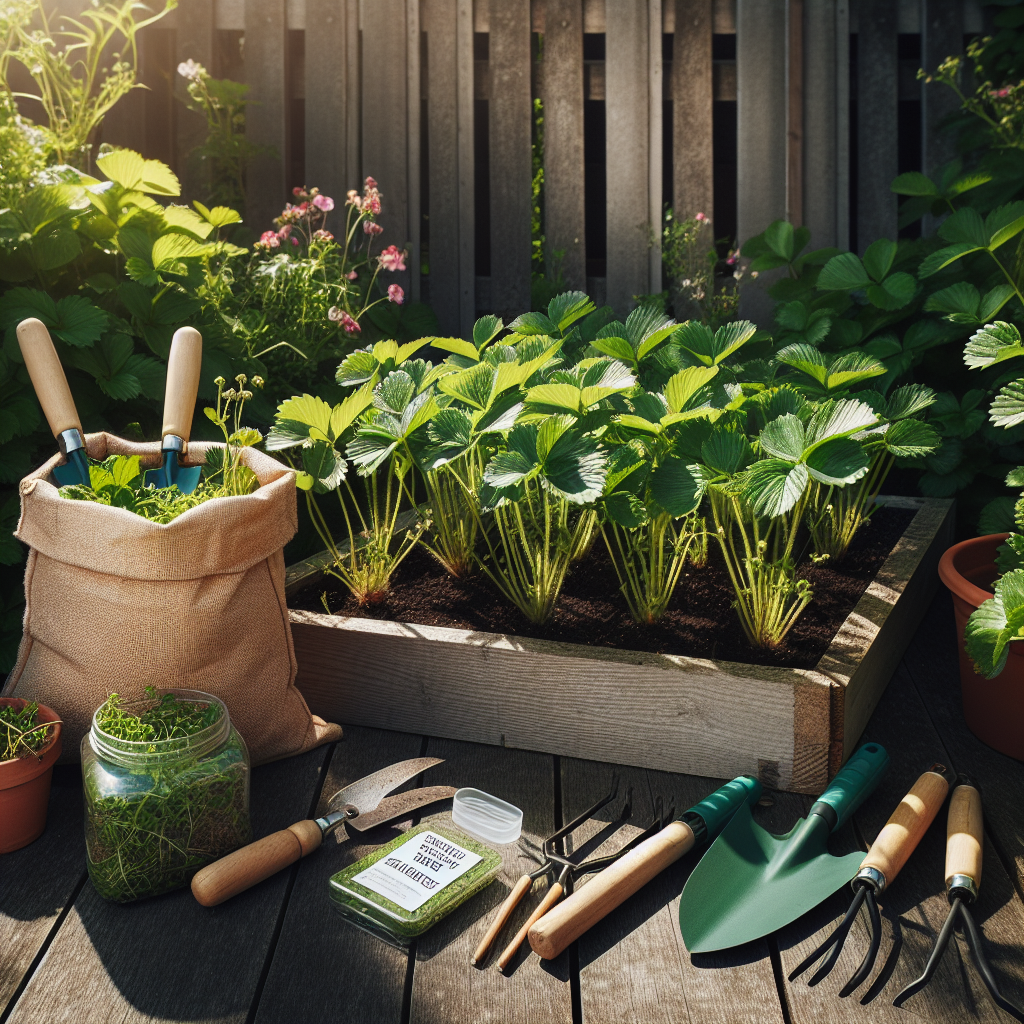 An overhead view of a well-maintained strawberry bed, vibrant and green, situated in a sunlit garden. Weeds are notably absent between the rows of flourishing strawberry plants. Close by, a set of generic, unbranded gardening tools, such as a scuffle hoe, trowel, and pruning shears, are placed next to a natural canvas bag filled with unwanted weeds. On the side, there's a container with homemade natural weed suppressant. Everything is set against the backdrop of a rustic wooden fence, enhancing the organic and healthy feel of the scene.