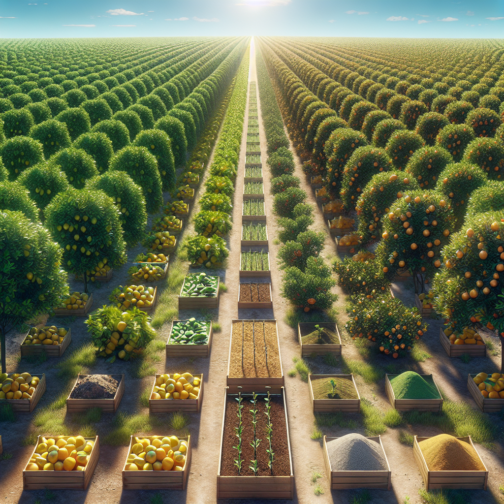 An expansive citrus grove, with rows of healthy, robust citrus trees lavishly symbolizing good nutrient management. Their leaves are a vibrant green and fruits are plentiful. Some trees show signs of nutrient deficiency with yellowing leaves and sparse fruits on one side of the image, facilitating a contrast. A number of nutrient sources such as compost, animal manure and organic fertilisers are neatly arranged at the end of the grove to represent the tools for managing the deficiency. The bright sun is shining overhead, accentuating the color contrasts between the healthy and deficient trees.