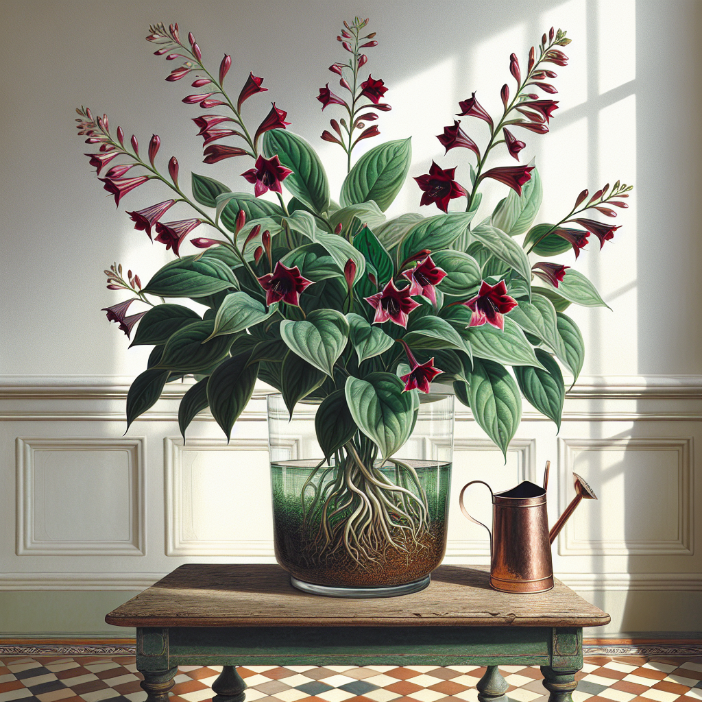 Illustration of a flourishing indoor blooming lipstick plant (Aeschynanthus). The leaves are vibrant and green, with striking maroon flowers emerging from what almost seems like a deep crimson lipstick tube—an attribute which bestows the plant its peculiar common name. The plant is featured in a clear glass terrarium, elegantly placed on a vintage wooden table, immersed in natural light streaming in from an unseen window. The metallic coppery watering can sits next to the plant, further amplifying the plant's beauty. The ceramic tile floor and white walls give a calm, serene atmosphere.
