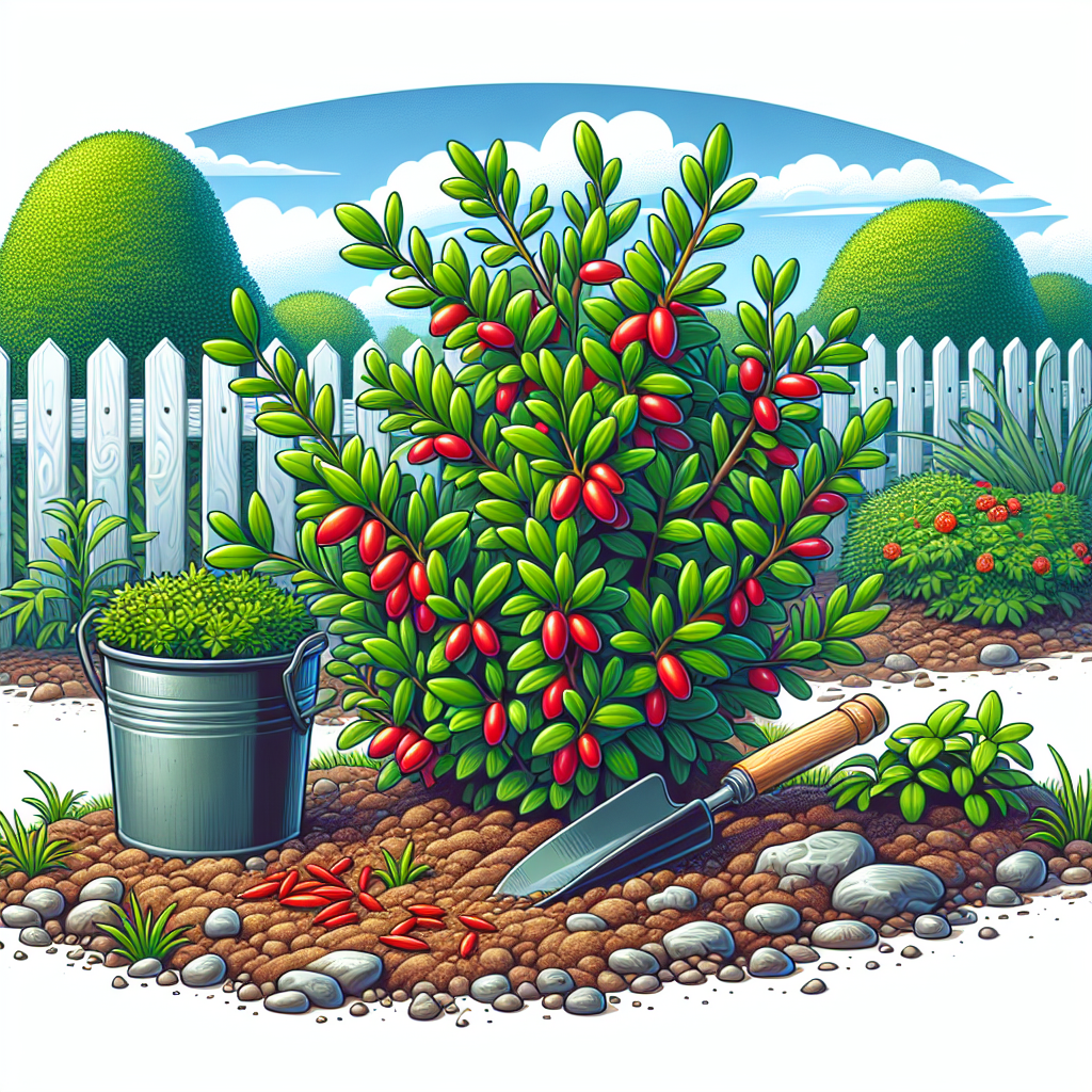 A vibrant garden scene focusing on lush green goji berry plants with mature berries in a deep shade of red. The plants are settled in textured, brown soil with small pebbles scattered around. It's an inviting picture of amateur horticulture, with well-kept plants that have been clearly nurtured. There are also some typical garden tools nearby like a watering can and a trowel, but they are unbranded and without any text. The background features a white garden fence under a clear blue sky, creating a contrast to the greenery and red berries. The entire illustration is devoid of any human presence.