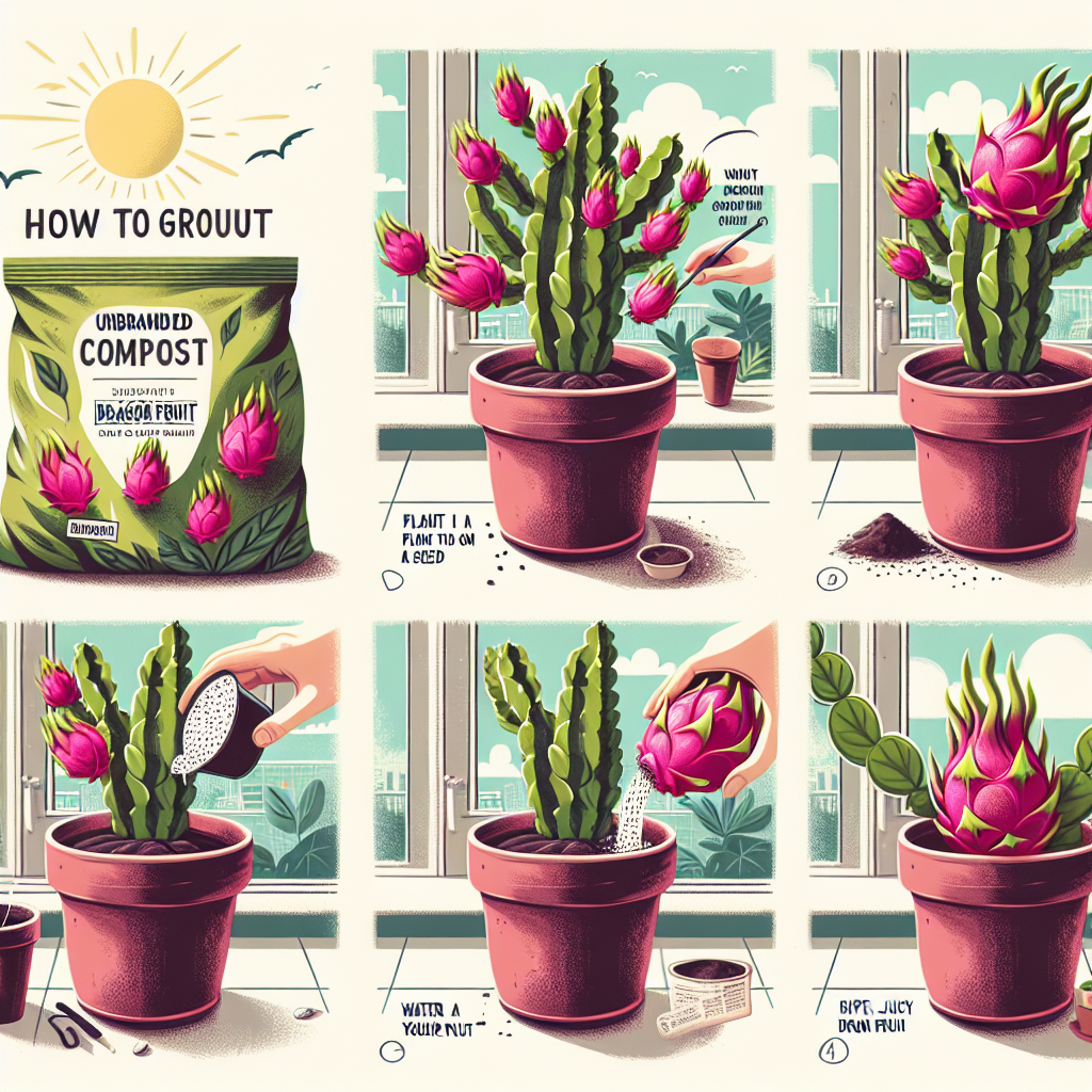 Illustrated guide on growing dragon fruit at home. Picture a sunlit kitchen windowsill where a verdant dragon fruit plant flourishes in a terracotta pot. Displayed steps include soil preparation with an unbranded bag of compost, planting the seed, watering the plant, and finally, the growth of ripe, juicy dragon fruit. Make sure to exclude any humans, text, brand names, and logos from the image.