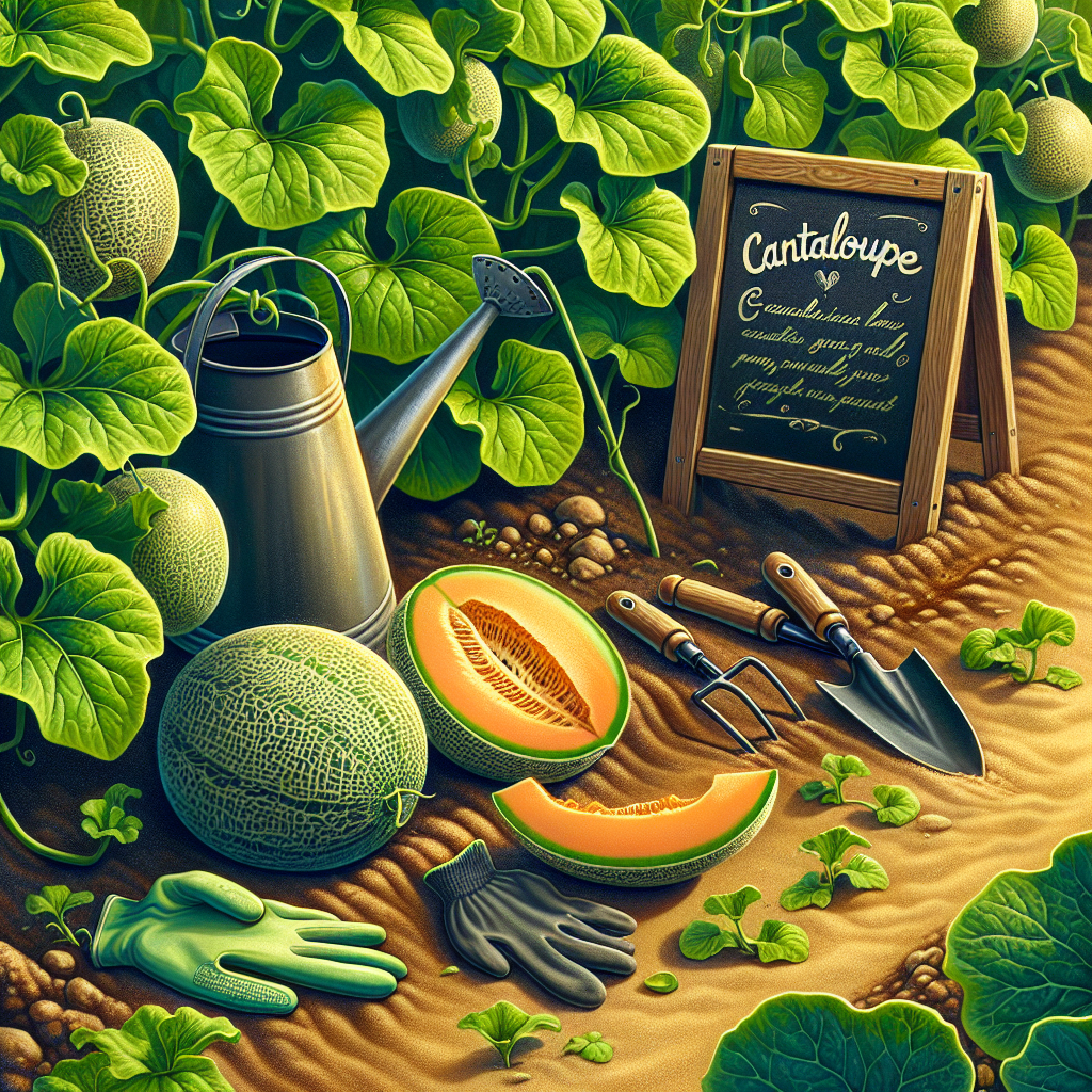 An agricultural scene featuring lush green cantaloupe melons growing on the vine. The cantaloupe patch is thriving under the golden sun, the soil is fertile and well-cared for. A collection of gardening tools, including a watering can, gloves, and a small hand spade, lay nearby, indicating human care even in absence of people. A simple handwritten chalkboard sign reading 'Cantaloupes' indicates the crop's identity. Nearby, a cut open cantaloupe reveals a juicy, sweet interior, showcasing the reward for such meticulous cultivation. The image is vibrant, fresh, and full of life, perfect for an article on cultivating cantaloupes for sweetness.