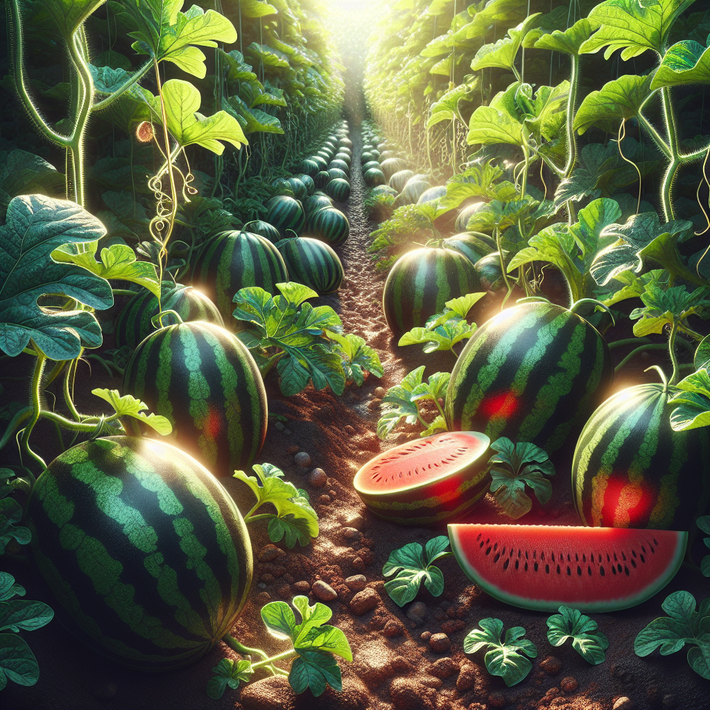 A rich visual of a vibrant, sunny garden showcasing robust watermelon plants thriving in well-tended rows. The soil around them is dark and fertile, while the plants themselves are lush, sporting shiny, deep-green leaves and tendrils. Scattered among the foliage are glossy watermelons swelling with juiciness, their stripes varying between darker and lighter shades of green. Some watermelons lay cut open, displaying their sweet, crimson flesh contrasted against the green exterior. Sunlight dapples the scene, emphasizing the freshness and growth. Please note, no text, logos, brands, or human figures are to be present in this scene.