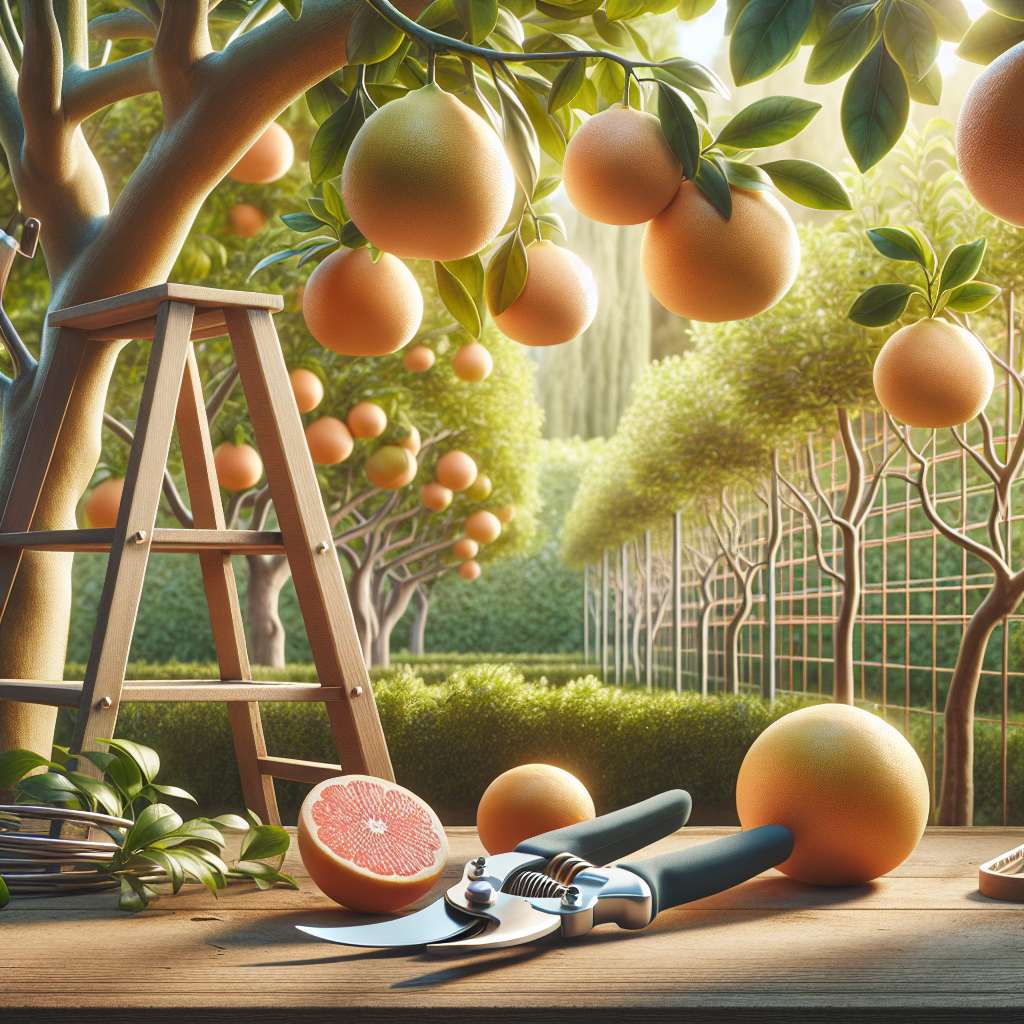 A tranquil garden scene showcasing mature grapefruit trees with numerous fruits hanging from the branches. Nearby, a pair of pristine pruning shears and a wooden ladder rest, ready for use. A training trellis designed for citrus trees can be seen in the background, highlighting the theme of the cultivation and care of grapefruit trees. No text, logos, brand names, or people present in the image.