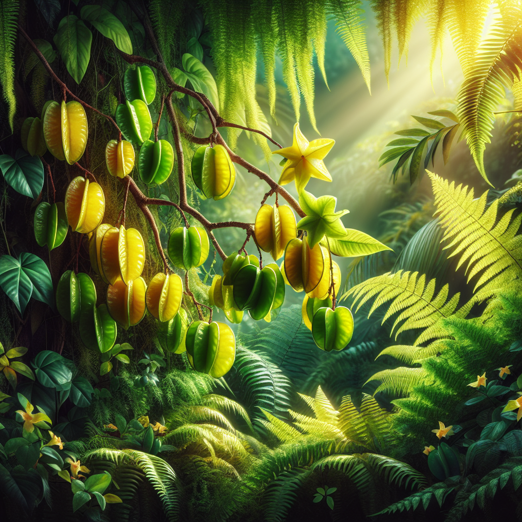 Picture a lush tropical garden bathed in warm sunlight. Intermixed among vibrant ferns and trailing vines, a number of starfruit trees are flourishing with verdant leaves and bright yellow, star-shaped fruits. Their unique shape and color contrast beautifully with the green foliage surrounding them. Closeups of the fruits on the branches give a detailed look at their unique textures and glossy finish. Wisps of tropical flowers peak through from the background, adding depth and color variation to the scenery. So, the frame includes an intimate scene of nature nurturing starfruit plants for exquisite tropical tastes.