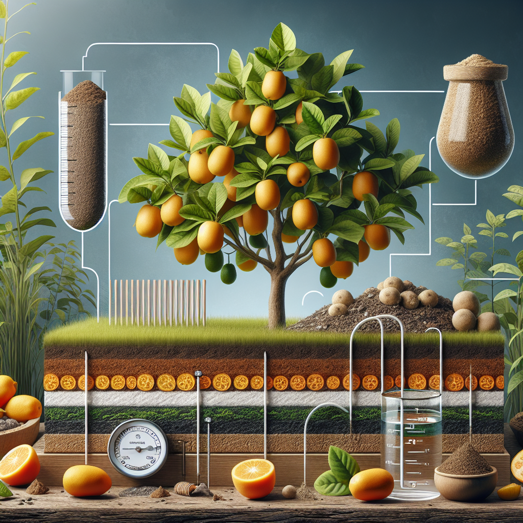 A visual depiction of ideal conditions for horticulture showcasing the process of optimizing soil for kumquat trees. The scene should contain layers of loamy, fertile soil, humus, and compost which are rich in nutrients. Also, illustrate the presence of kumquat trees showcasing ample leaf growth and vibrant, ripened kumquats hanging from the branches. Incorporate elements of soil testing, like a pH meter and a soil texture jar, which are free of text and brand identifiers. Ensure the image remains free of human interaction. The focus should be around the invigorating development of kumquat trees in a well-adapted, nutrient-rich environment.