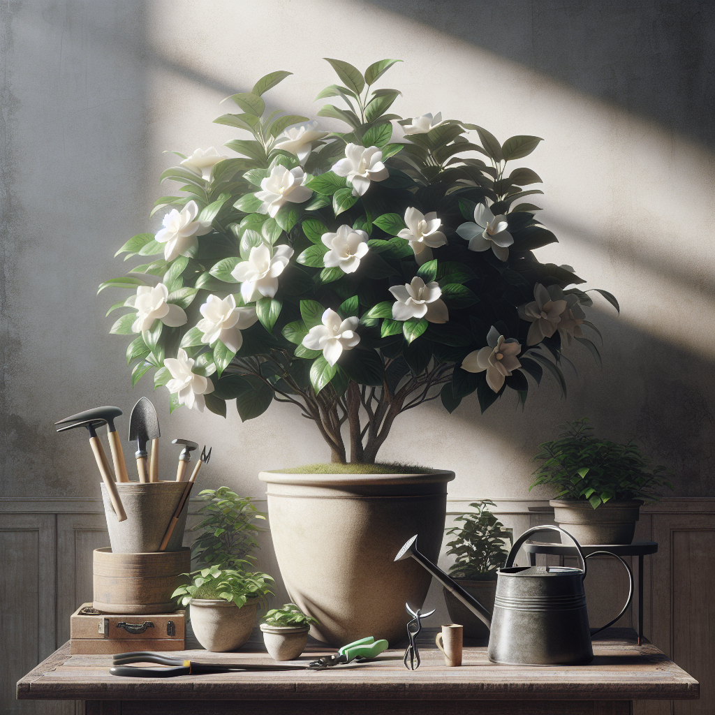 Visualize an intimacy filled indoor setting. A large blooming Gardenia Jasminoides plant with layers of glossy dark green leaves and fragrant white flowers, breathes life into the room. The plant sits in a neutral-toned ceramic pot, dominating a rustic wooden side-table. Alongside the gardenia, several gardening tools like watering cans and small clippers. The sun rays from a nearby window gently kiss the leaves, adding a soft glow. The essence of the room is amplified with the fresh, sweet, and green aroma of gardenias permeating the air. All items are devoid of text and brand names.
