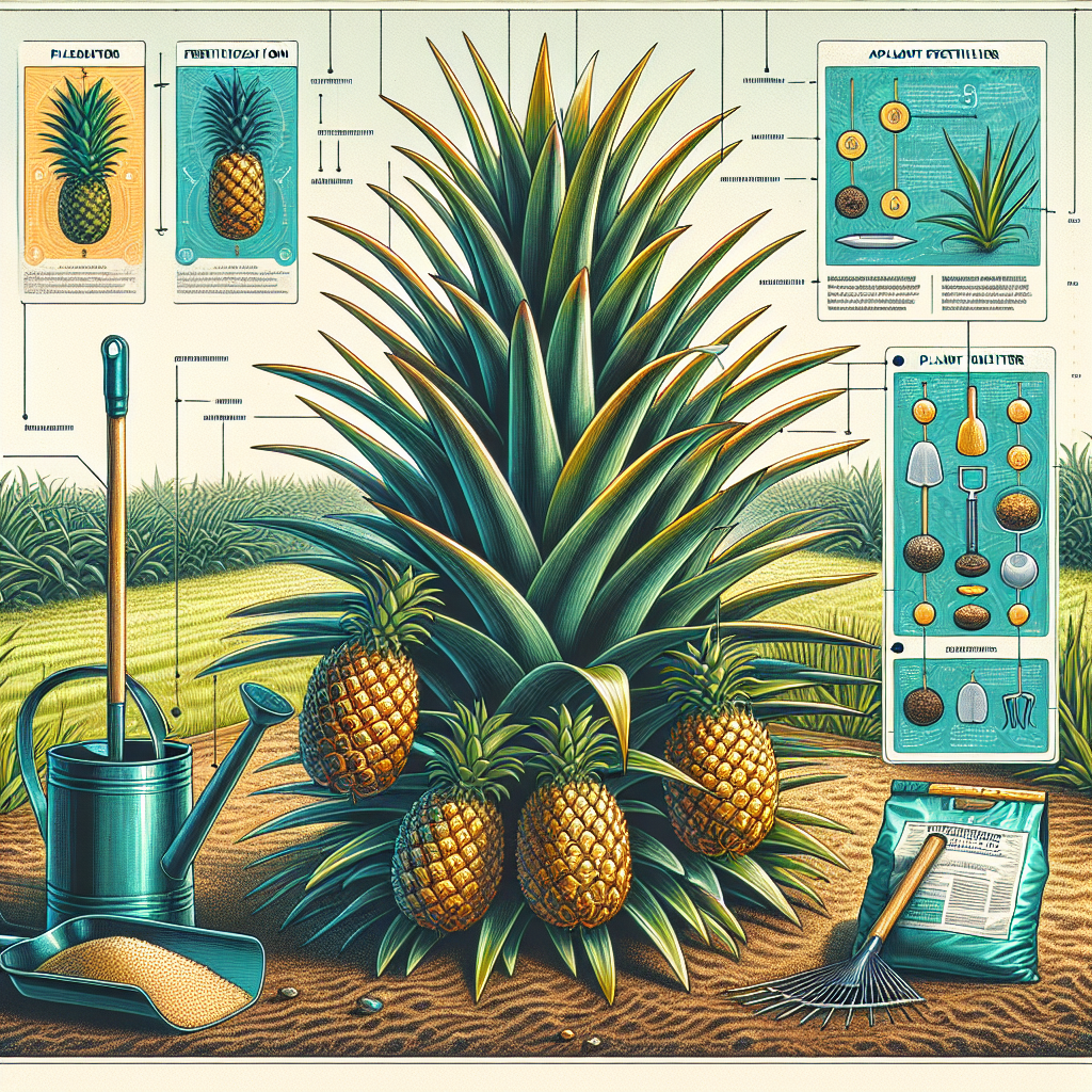 A detailed and colorful illustration of a lush pineapple plant, its spiky green leaves spread wide. Attached to the plant are healthy, golden pineapples, indicating a successful fertilization process. Close by are garden tools essential for the fertilization techniques: a watering can, a hand rake and a packet of generic plant fertilizer. These are displayed without any text or logos. Also depicted are informational figures showing the progressive stages of the pineapple growth, from seed to fruit, as a consequence of the applied fertilization methods. The background is a fertile field, further reinforcing the idea of successful cultivation.