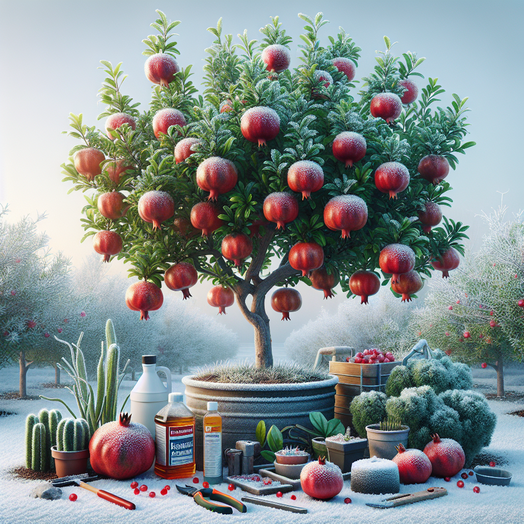 A serene wintertime scene showcasing a pomegranate tree. Largely dominated by the vibrant green foliage and the deep red pomegranate fruits hanging from its branches, the tree is covered in a thin glistening layer of frost. The surrounding ground is dusted with fresh snow, indicating the chill of the season. Many winter care items are scattered around: thick mulch at the base of the tree, a jug of dormant oil, an insulating plant cover, and pruning shears. All items are generic, without labels or brand names. The bright and cold winter sky is visible in the background, devoid of people and text.