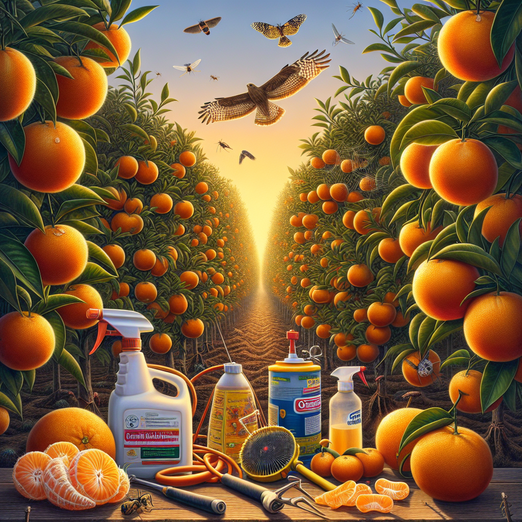 A detailed depiction of a tangerine orchard, radiating with the vibrancy of ripe tangerine fruits hanging from the trees. Among the tangerines, signs of pests like insidious insects and small web-like structures are subtly visible. A variety of non-brand specific pest management tools and equipment are strategically placed - such as a generic sprayer filled with organic pesticide, and bird of prey decoys perched on treetop. The warm glow of the setting sun gives a tranquil, yet vigilant air to the scene.