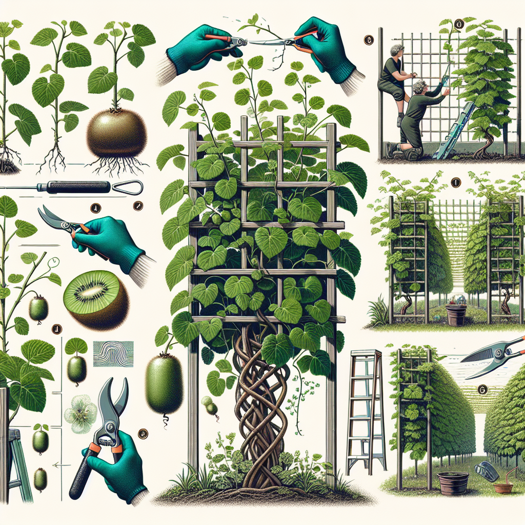 An image capturing various stages of kiwifruit training and pruning techniques. The first section of the image features a young kiwifruit vine supported by a trellis, being trained in the right direction. The second part showcases a fully grown kiwifruit vine with dense foliage, about to be pruned. In the last section, see the properly pruned vine, ready for growth. Various gardening tools like pruning shears, gloves, and a ladder are scattered around, indicating ongoing garden work. The emphasis is on greenery, the structure of the vines, and the techniques for their care, with no text or human figures present.