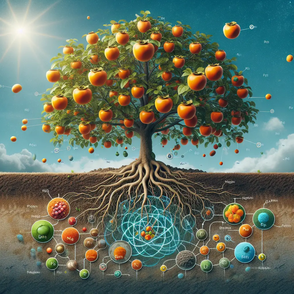 A visual representation of soil health and nutrition for persimmon trees. Imagine a bountiful persimmon tree full of vibrant orange fruit, set against a clear blue sky. In the tree's root system, we see a network infused with various nutrients, minerals and microorganisms, indicating healthy soil. Nutrient molecules are visible, including Nitrogen, Phosphorus, Potassium, representing the elements essential to tree growth. To the side of the tree is a symbolic representation of the cycle of organic matter decomposition involving earthworms and other soil microorganisms. Please don't include any text or brand names within this image.