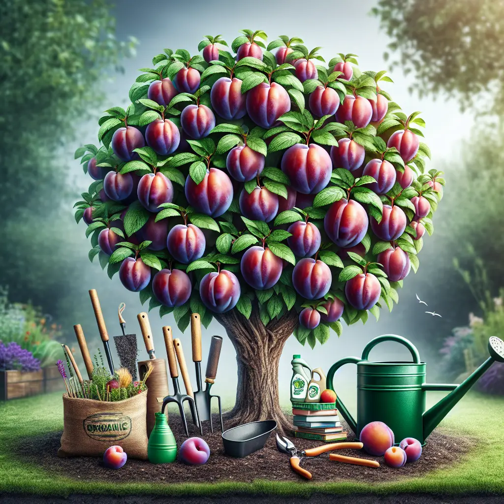A visual representation of a lush, healthy plum tree carrying plump, ripe plums weighing down its branches amidst a home garden setting. Under the abundant tree, we see a collection of garden tools such as a watering can, pruning shears, and organic fertilizer packets but all free of identifiable brand markings. The overall image conveys prosperity, high yield and successful home gardening techniques.