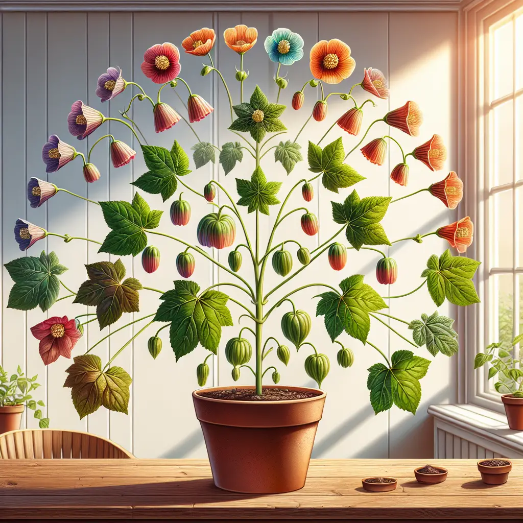 A detailed illustration of the complete lifecycle of an Abutilon, commonly known as the Flowering Maple. The plant is growing indoors displayed in a terracotta pot on a simple wooden table. The image shows various stages of the plant's growth, from a small seedling sprouting up to its maturity where it bursts into a colorful display of delicate, bell-shaped flowers. The room setting is minimalist with streaming sunlight from a nearby window nurturing the plants. The environment is logo and brand-free.