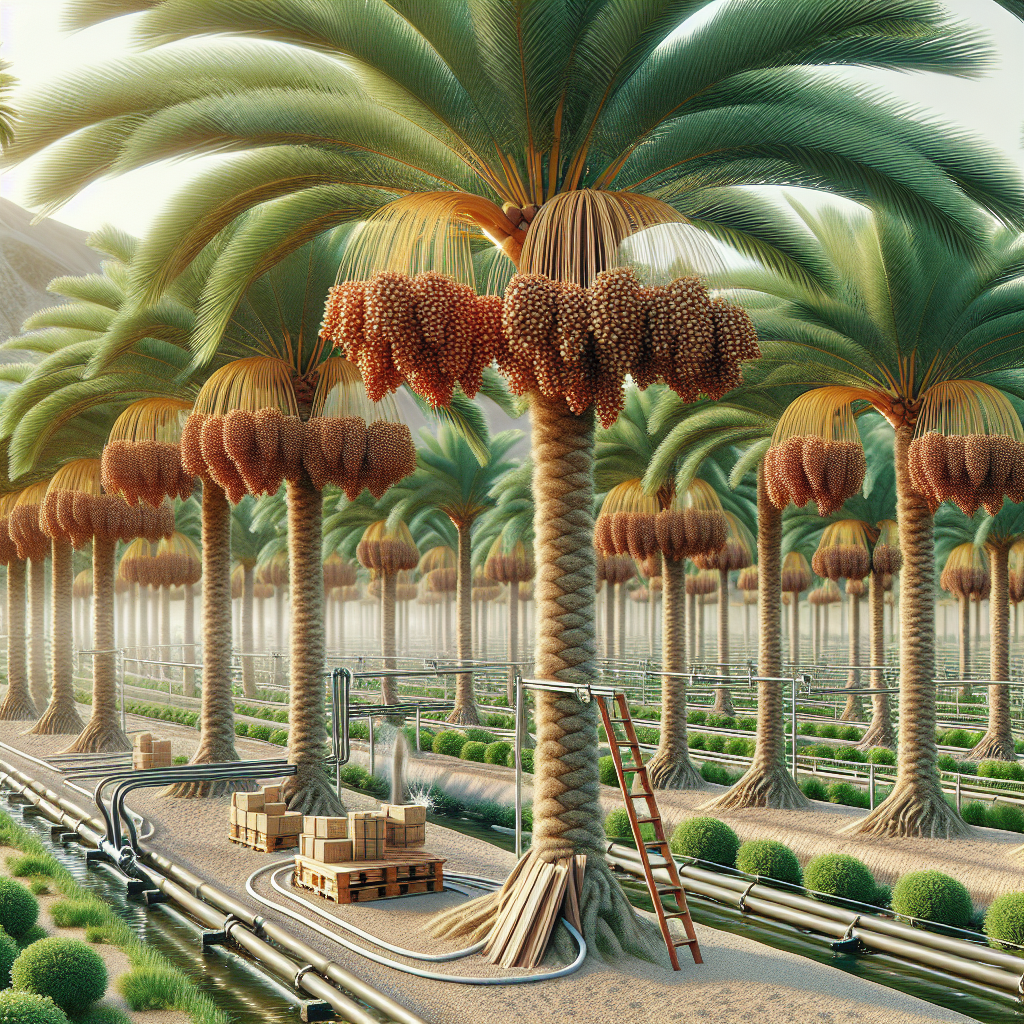 A lush date palm plantation with several trees, symbolizing maximized fruit production. In the scene, the trees are laden with bunches of ripe dates, clearly showing the heavy yield. Underneath the canopies are trunks covered in natural fiber, which helps to boost the number of fruits. There are wooden ladders leaning against some trees, suggesting recent harvesting activity. An irrigation system is seen providing ample water to the trees, important for enhancing fruit production. The backdrop is a clear, sunny sky, enhancing the vitality and productivity of the plantation. All elements are free from any text, brand names, or logos.
