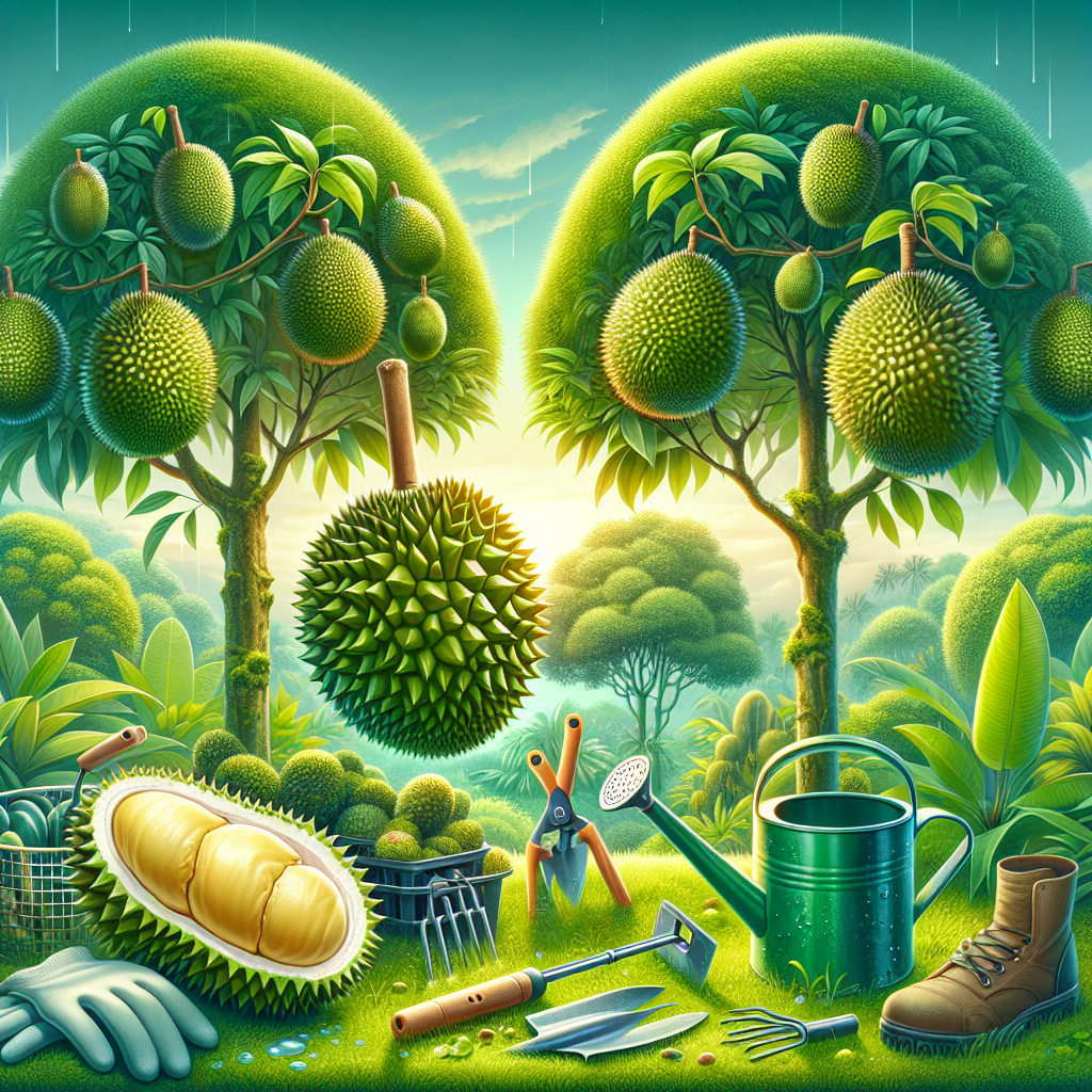 An engaging image depicting the process of caring for Durian trees. The scene shows a verdant tropical landscape thriving with mature Durian trees bearing fruit. The fruits themselves are prominently displayed, spiky on the outside with a rich, custard-like flesh visible in a depicted opened fruit. The surrounding foliage is lush and green, indicating good health. Assorted gardening tools like a pruner, a water can, a spade, and gloves are placed nearby suggesting the care taken for these trees. There are droplets of water on the leaves, signifying recent watering. No human figures, text, brand names or logos are present.
