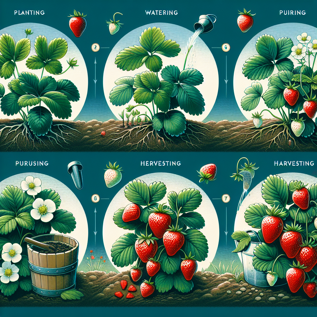 An illustrative image for an article showing different stages of strawberry plant care for bountiful harvests. The image should depict a thriving strawberry plant in a garden setting, with vivid details focusing on the lush, green leaves, white flowers, and ripe, succulent strawberries. The stages of care include planting, watering, pruning, and harvesting, shown in different sections of the image, without including any humans or text. Also, it should avoid featuring any brand names or logos. Remember to emphasize the wholesome and productive nature this care regimen results in, without straying from the focus on the strawberry plant itself.