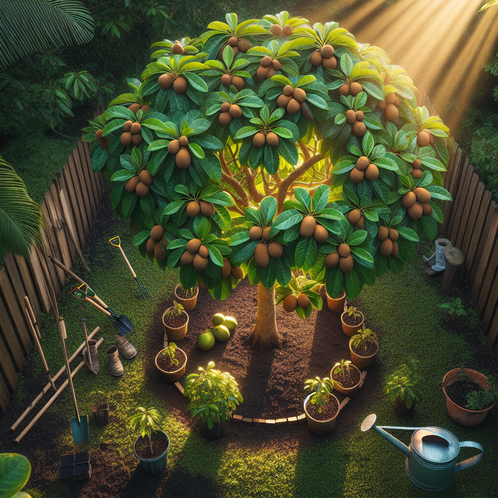 A detailed image showing an overhead view of a thriving Sapote tree planted directly into the soil of a lush, green garden. Sunlight gently filtering through the dense canopy of the tree illuminates the uniquely-shaped leaves and the plump, ripe Sapote fruits hanging from the branches. The tree is surrounded by a wooden fence and treated with a watering can and a gardening hoe, indicating how to care for it. A few gardening gloves and a potted baby Sapote tree are visible in the background, suggesting propagation practices.