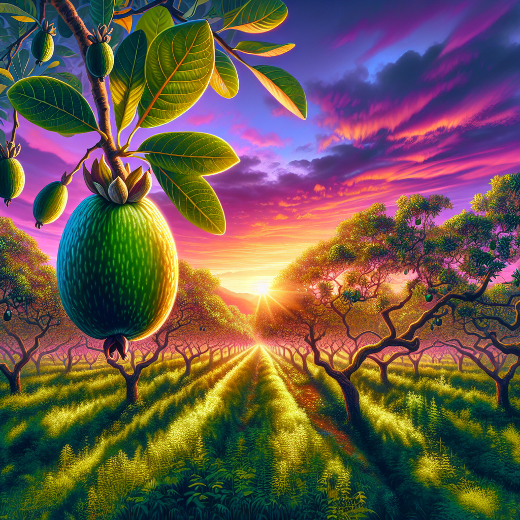 A vivid scene showing how feijoas are cultivated for unique flavors. The setting is a lush green plantation of Feijoa trees with small tear-shaped fruits hanging on the branches. The fruit has a light green outer layer with rugged skin. In the background, it transitions into a serene sunset, with shades of purple, orange, and pink intermingling. The blissful rays of the setting sun reflecting on the trees give an aura of warmth and uniqueness, signifying the very exceptional flavors of the feijoas. There are no people or text visible within the image.
