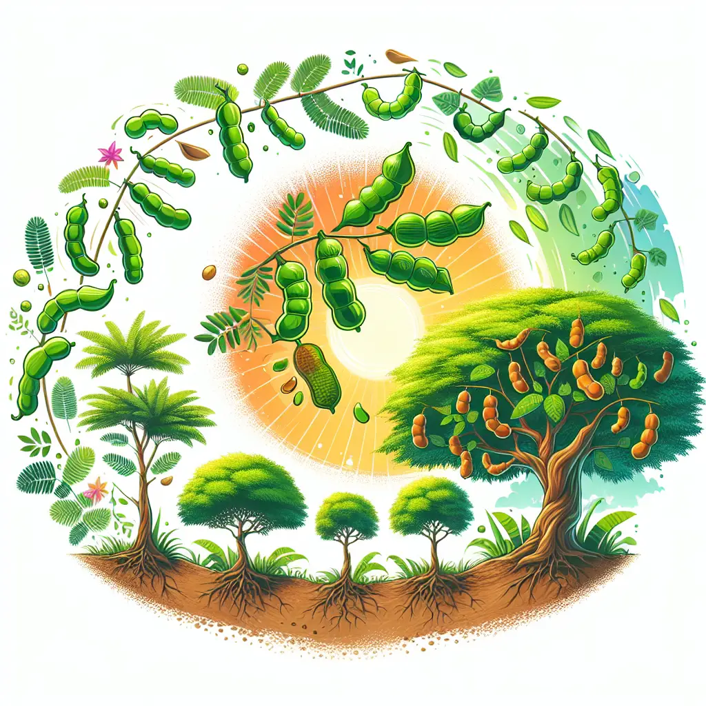 An illustration showcasing the cycle of growing tamarind, from the tiny seed to the full-grown tropical tree laden with pods. Use a vibrant color palette dominated by various hues of green to capture the lush tropical feeling. Display stages like germination of seed, a sapling sprouting from the soil, the growth into a young tree, and finally a mature tamarind tree bearing fruit. Additionally, depict a sunny background to embody the tropical climate. The illustration should be without any human intervention, logos, brands, or text.