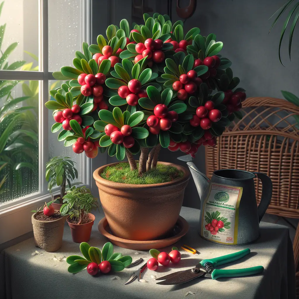Depict a beautifully maintained Miracle Fruit plant in a clay pot, with bright red ripe fruits contrasting against the green leaves. A pair of shears, a watering can, and a small bag of generic organic fertilizer sit nearby, indicating care and cultivation. This scene is set in a sunny spot near a window, promoting the growth of the plant. The plant permeates the ambiance of the well maintained indoor garden. Underneath the plant, there's a drip tray catching excess water. The overall atmosphere of the scene showcases the dedication one needs for plant care and cultivation.