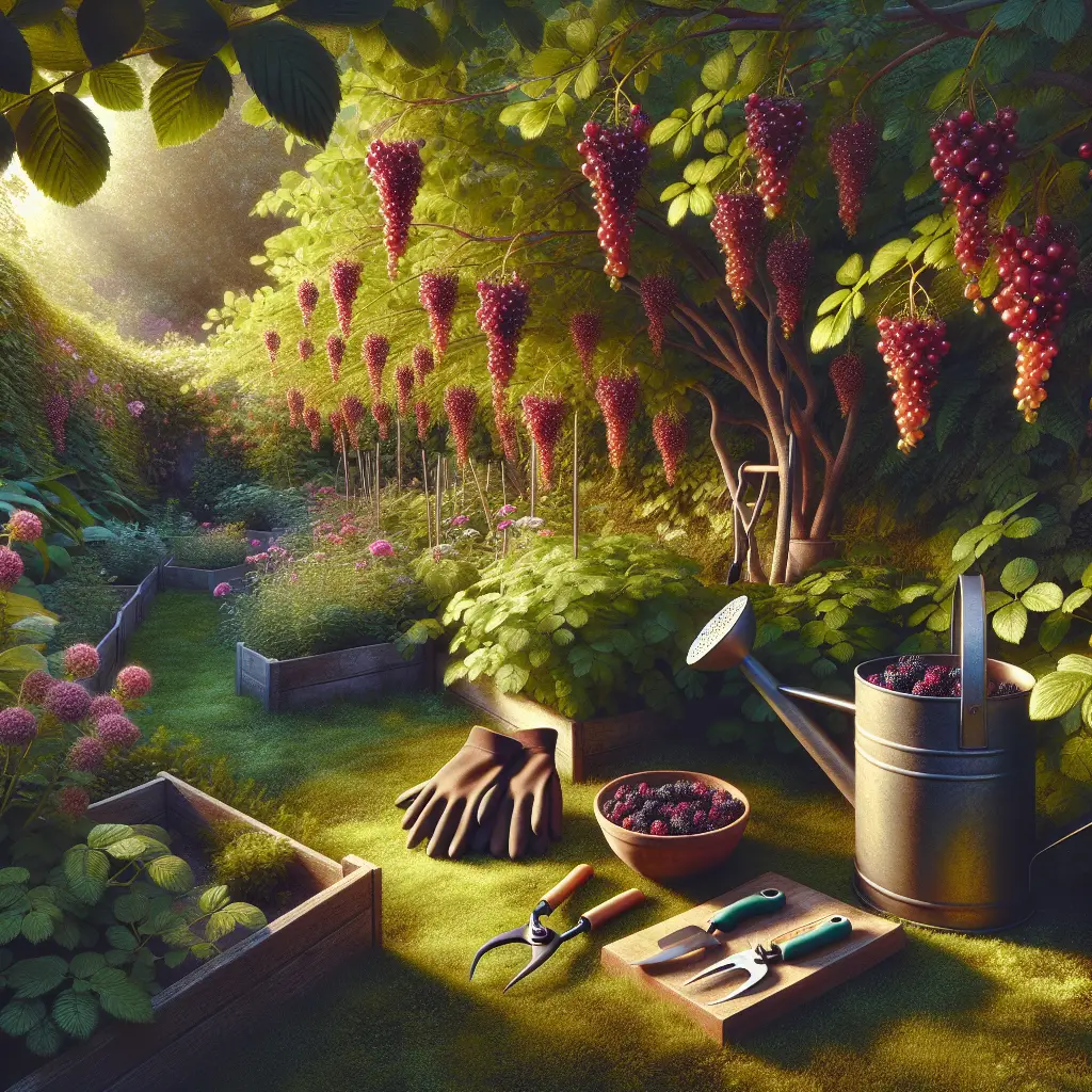 A lush garden scene filled with loganberry bushes. The loganberries are ripe and deeply colored, showing a healthy, abundant yield. Across the garden, essential gardening tools lie strategically - a watering can, a pair of gloves, pruning shears, and a garden trowel. No brand logos are visible. The scene is bathed in warm, afternoon sunlight, creating a welcoming and serene image which accentuates the beauty of the loganberries. The garden is located slightly off the beaten path, yet remains well-maintained and carefully nurtured, encapsulating the joy of gardening without the presence of any human figures.