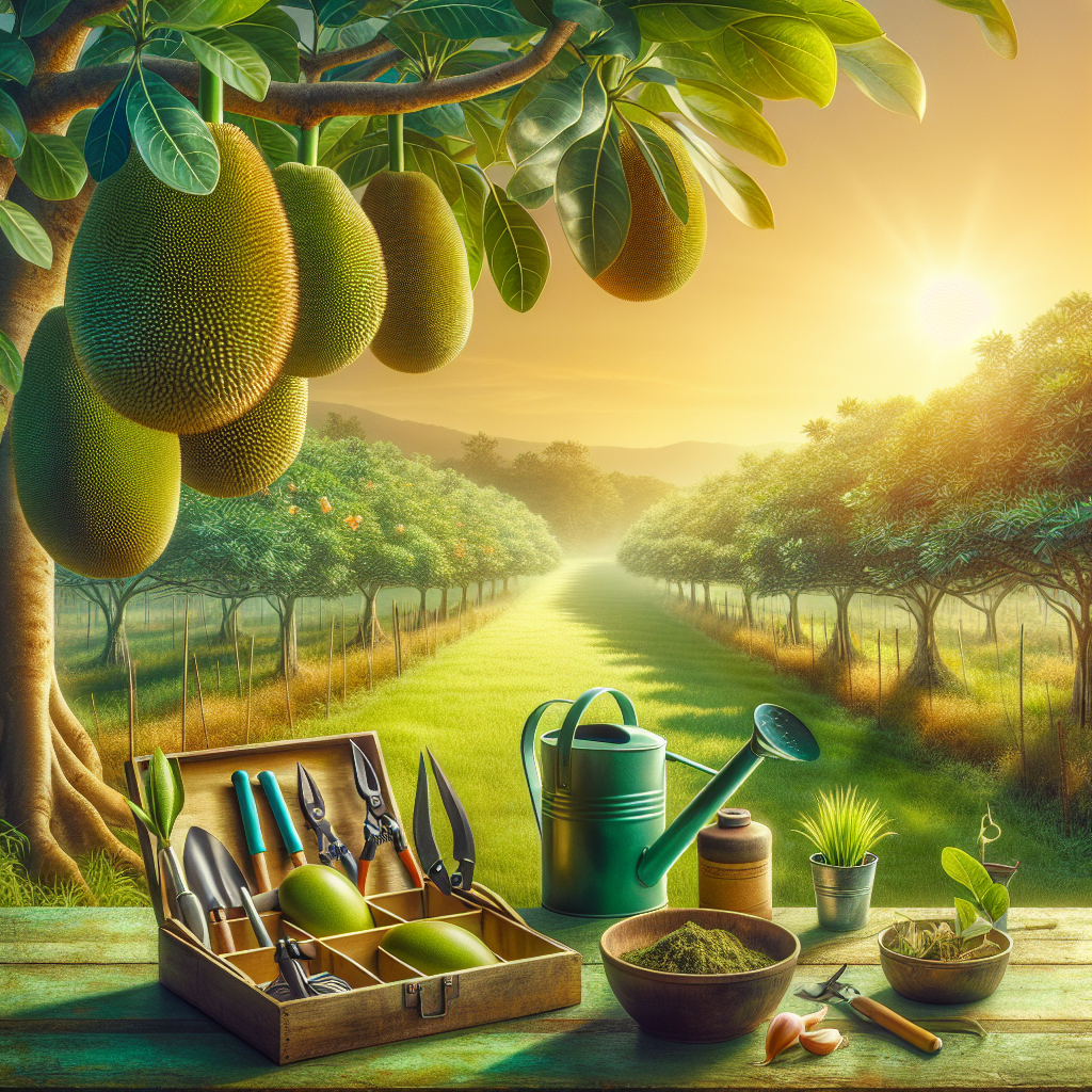 A serene image showing the nurturing process of vibrant green-tinted Jackfruit trees. The trees are reaching towards a warm, sunny sky and branches are heavy with large, spiky jackfruits that exude a promise of a high yield. In the foreground, there is an open toolbox filled with gardening tools like a watering can, pruning shears and organic fertilizers, indicating the care taken for the growth. While the background paints a lush orchard extending to a clear horizon and no people, text or brands are included anyplace in the image.