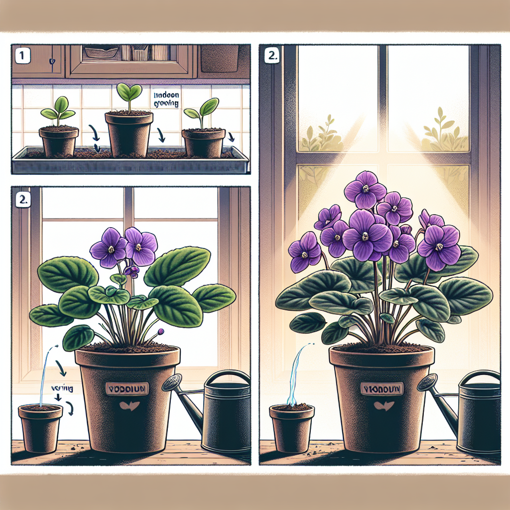 An illustrated guide showing the steps to cultivate Persian Violets or Exacum indoors. Scene one depicts a seedling of Persian Violet in a small, unbranded, neutral colored pot filled with dark brown soil. Scene two illustrates the ongoing progress of the plant, larger and flourishing with beautiful violet flowers. The background reveals a well-lit indoor setup with a simple window and moderate sunlight beaming through it to stress the indoor growing requirement, alongside a watering can sitting close to the pot underlining the care-taking process.